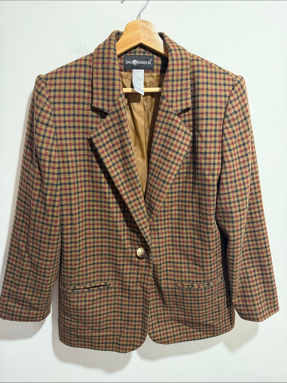 Vintage Sag Harbor Women's Tan Brown Plaid Blazer Size 12